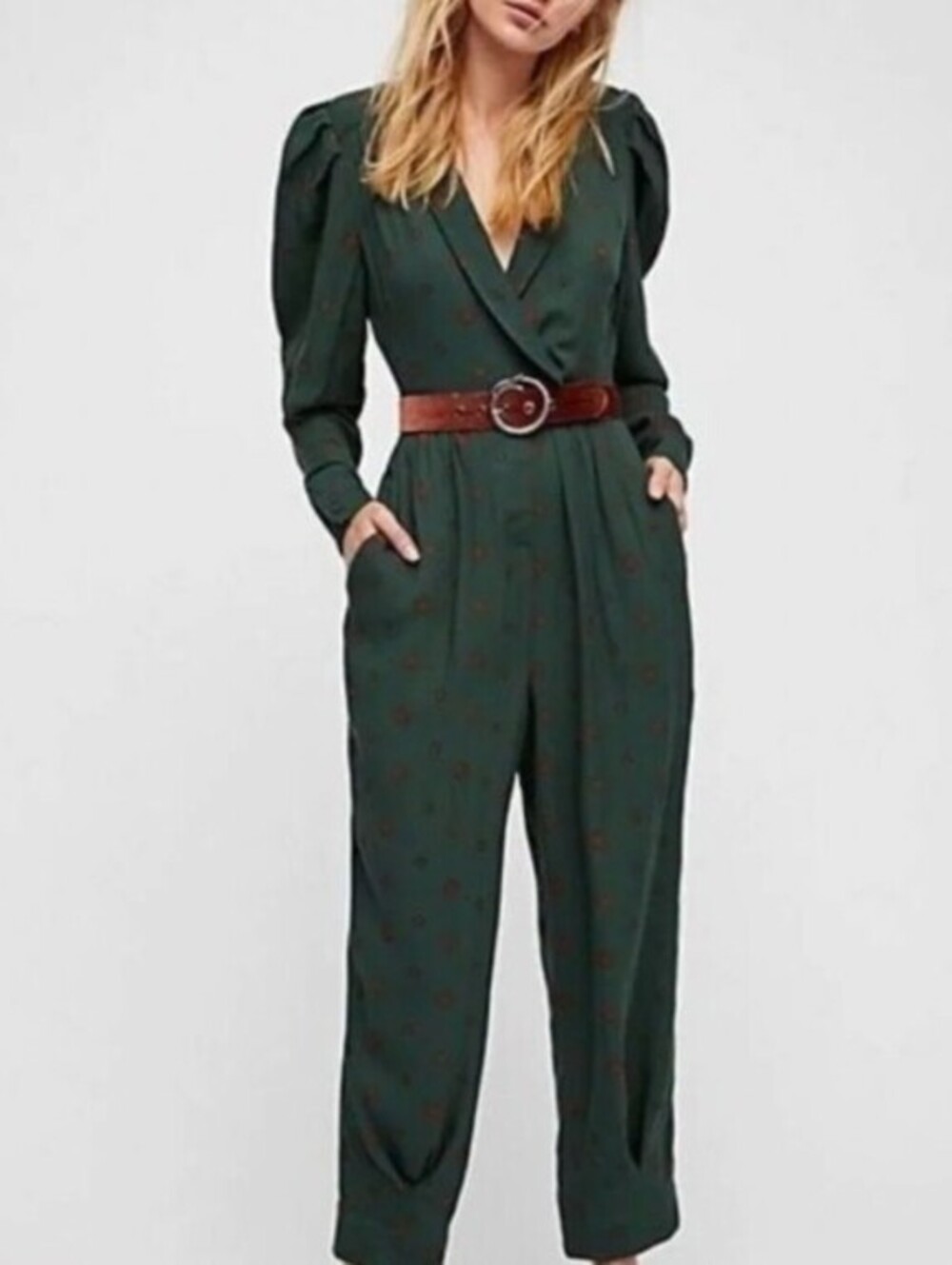 Free People Dark Green Printed Long Sleeve Star Eyes Jumpsuit - Size - Small